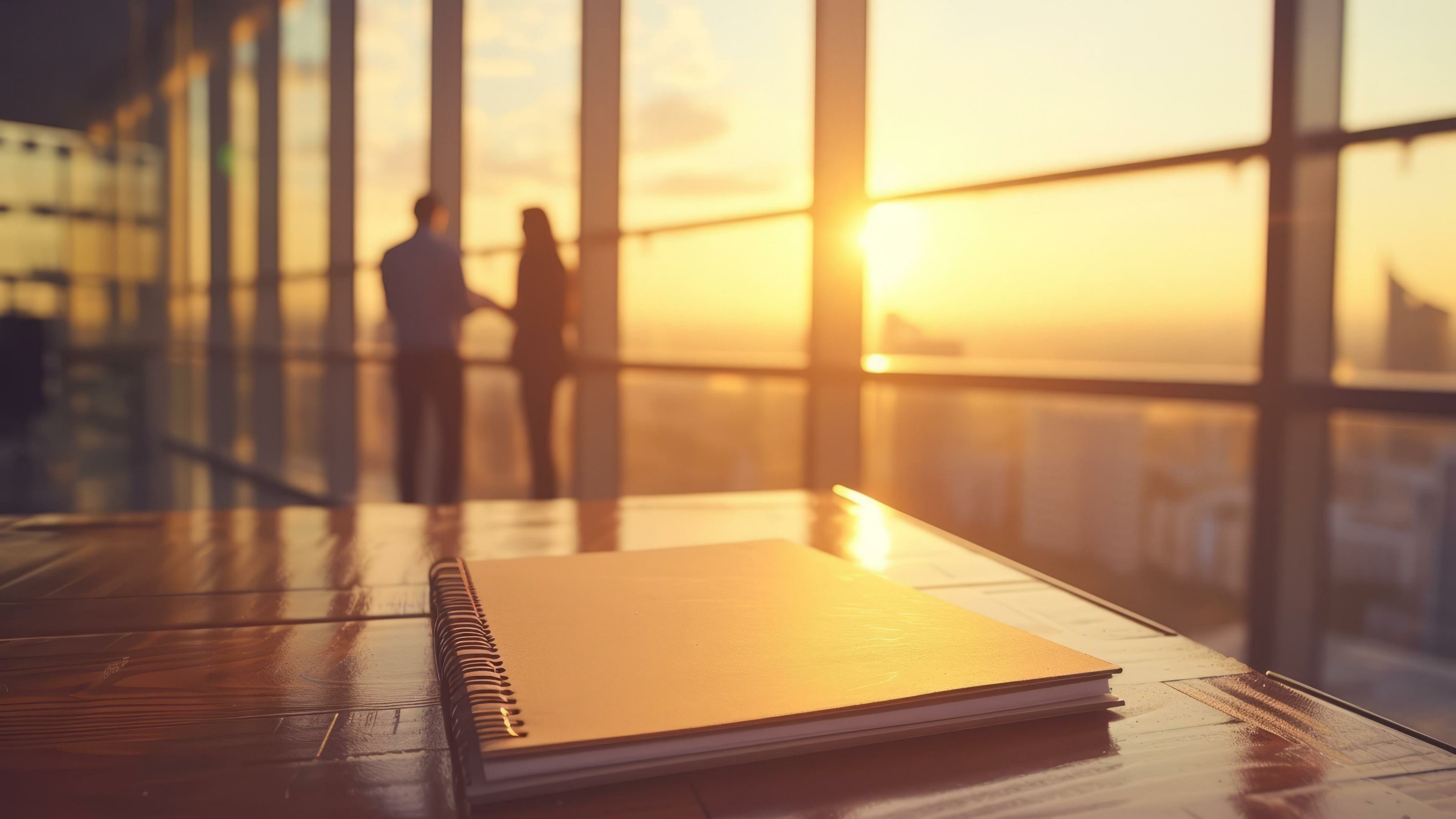 Two business people talking in an office with a city view